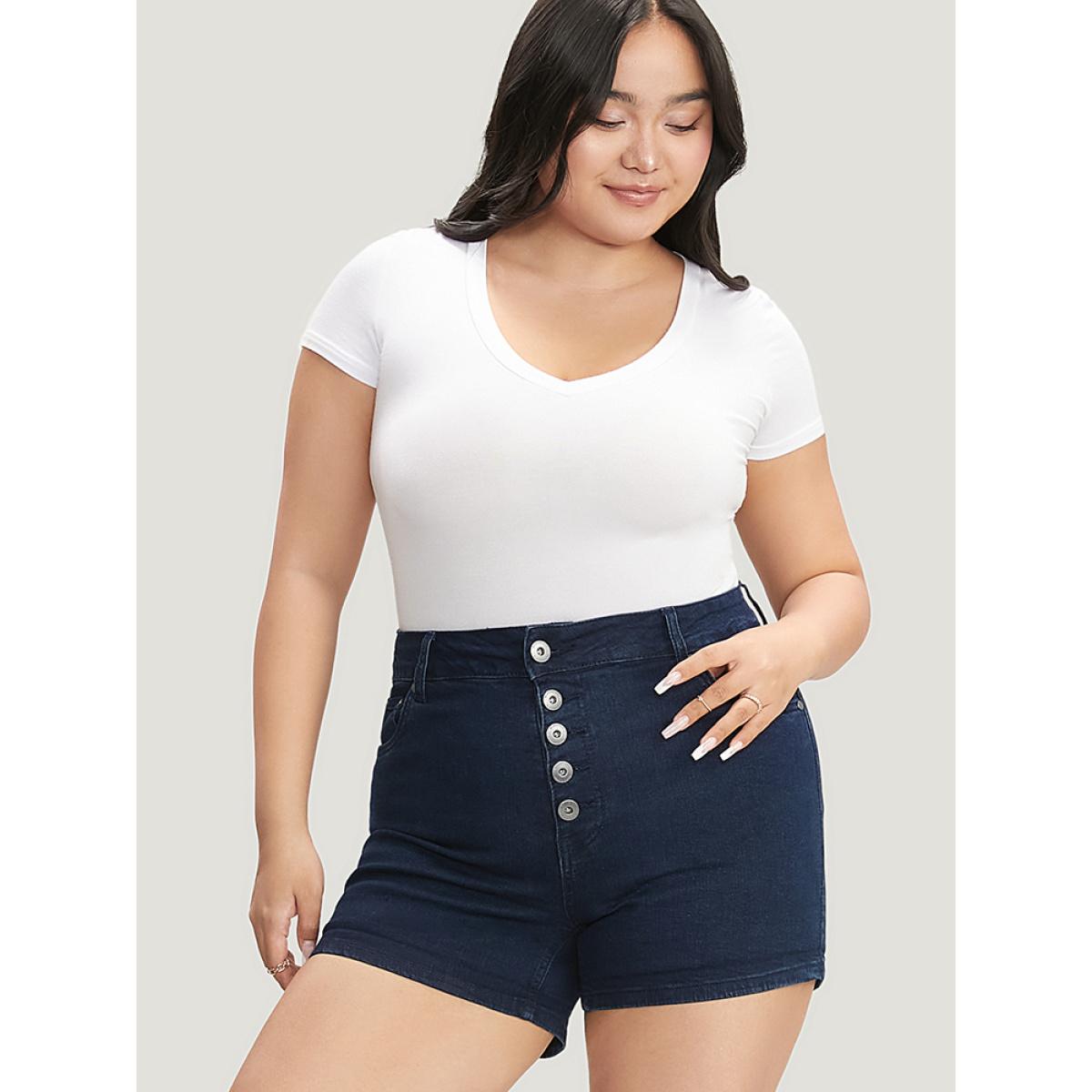 Plus Size Slightly Stretchy High Rise Dark Wash Single Breasted Denim Shorts Women DarkBlue Casual Plain Button Low stretch Pocket Jeans BloomChic 26/4X Product Image