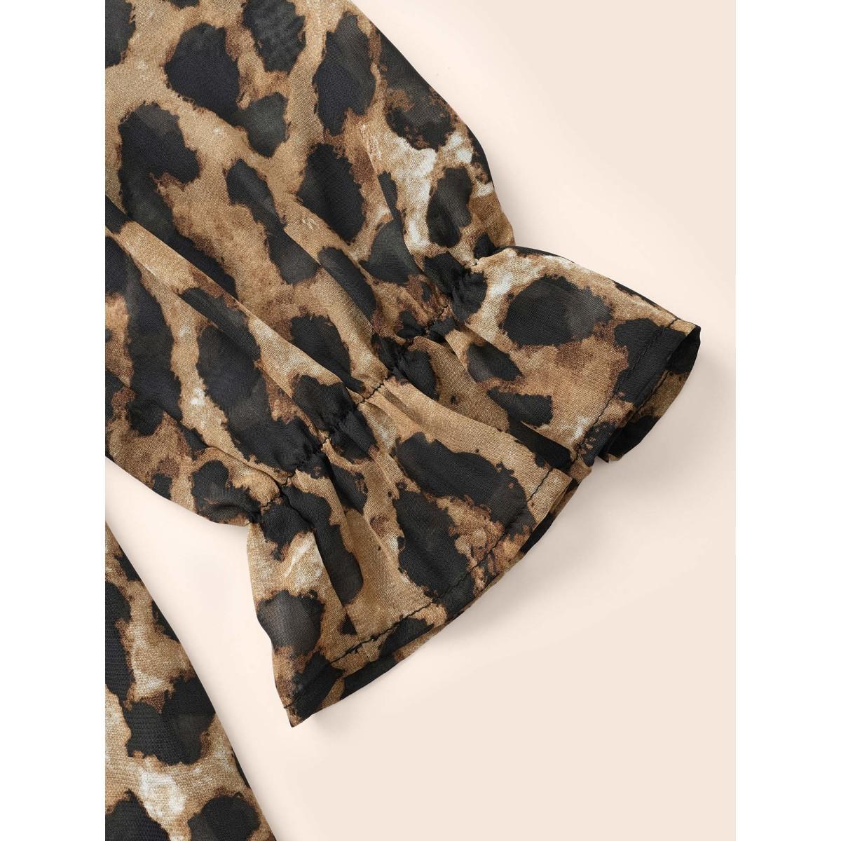 Plus Size Leopard Print Lace Up Lantern Sleeve Dress Leopard Women Romantic Wraparound straps V-neck Long Sleeve Curvy BloomChic 18-20/2X Product Image