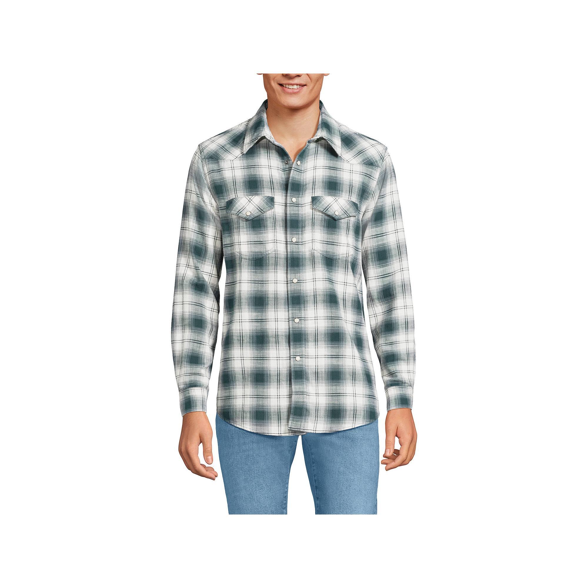 Men's Lands' End Plaid Western-Style Shirt, Size: XL, Ivory Caramel Plaid Product Image