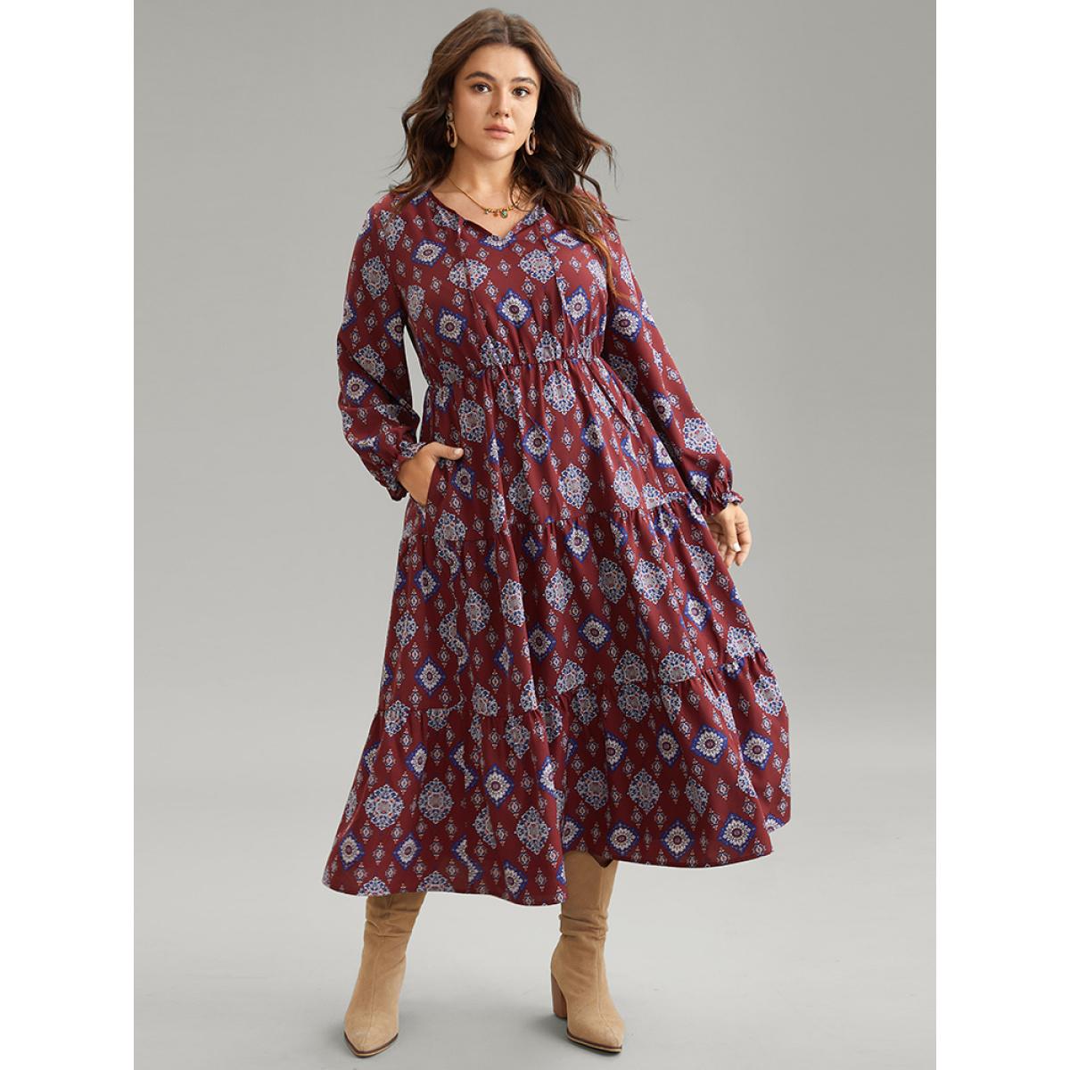 Plus Size Boho Print Knot Neck Pocket Lantern Sleeve Dress Scarlet Women Vacation Cross straps Tie Neck Long Sleeve Curvy Midi Dress BloomChic 12/L Product Image