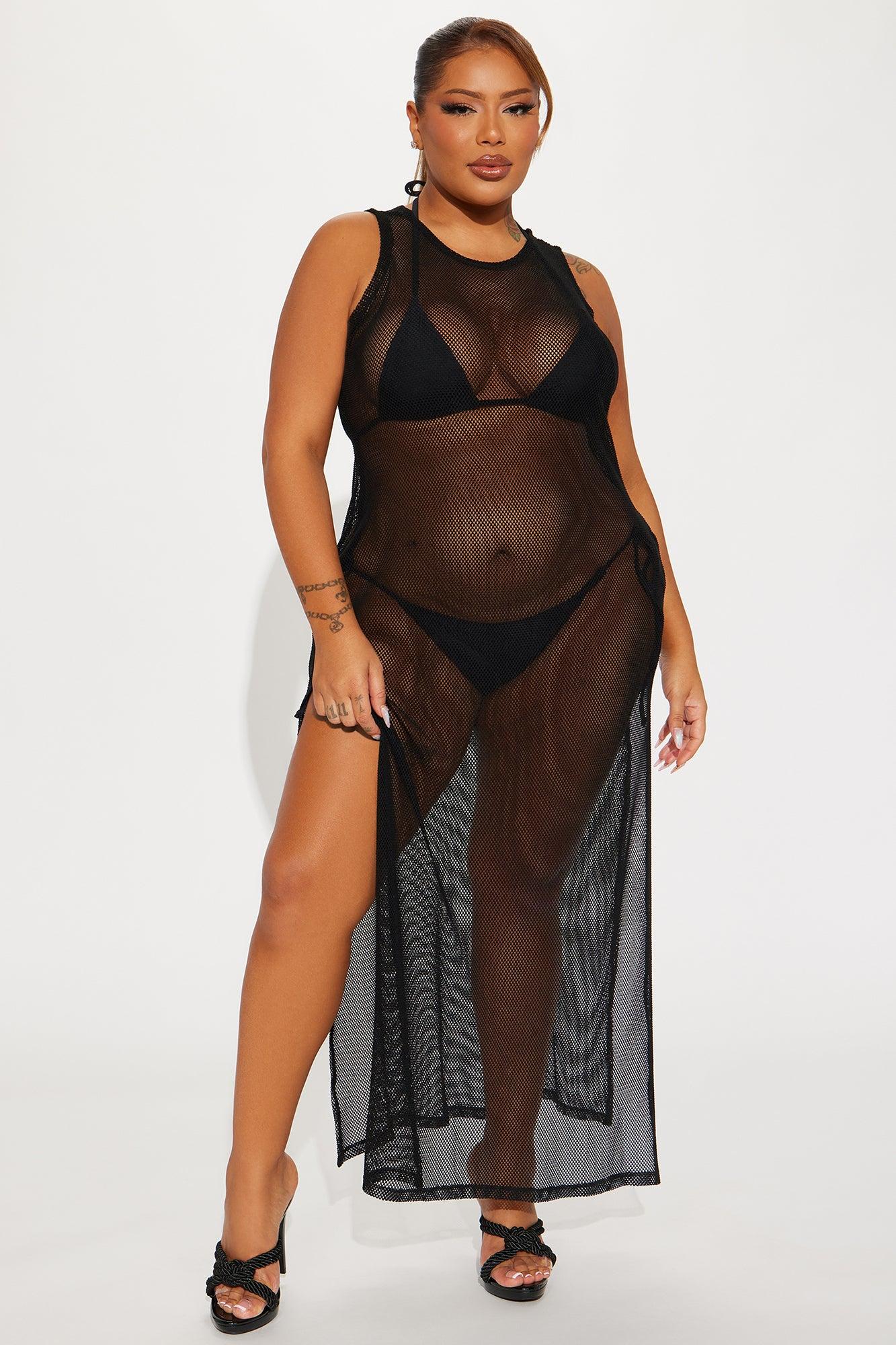 Good Times And Tan Lines Slit Fishnet Cover Up Dress - Black Product Image