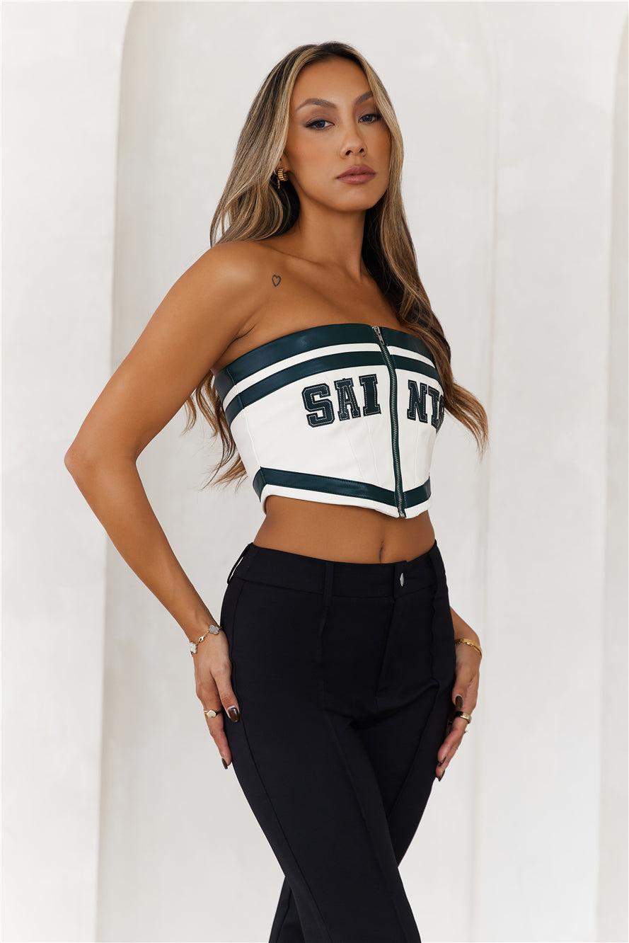 Team Saints Strapless Faux Leather Crop Top Ivory Product Image