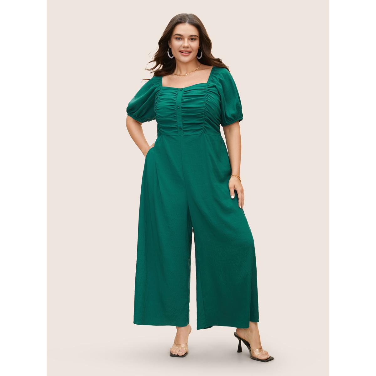Plus Size Emerald Heart Neckline Lantern Sleeve Ruched Jumpsuit Women Elegant Short sleeve Heart neckline Everyday Loose Jumpsuits BloomChic 12/L Product Image