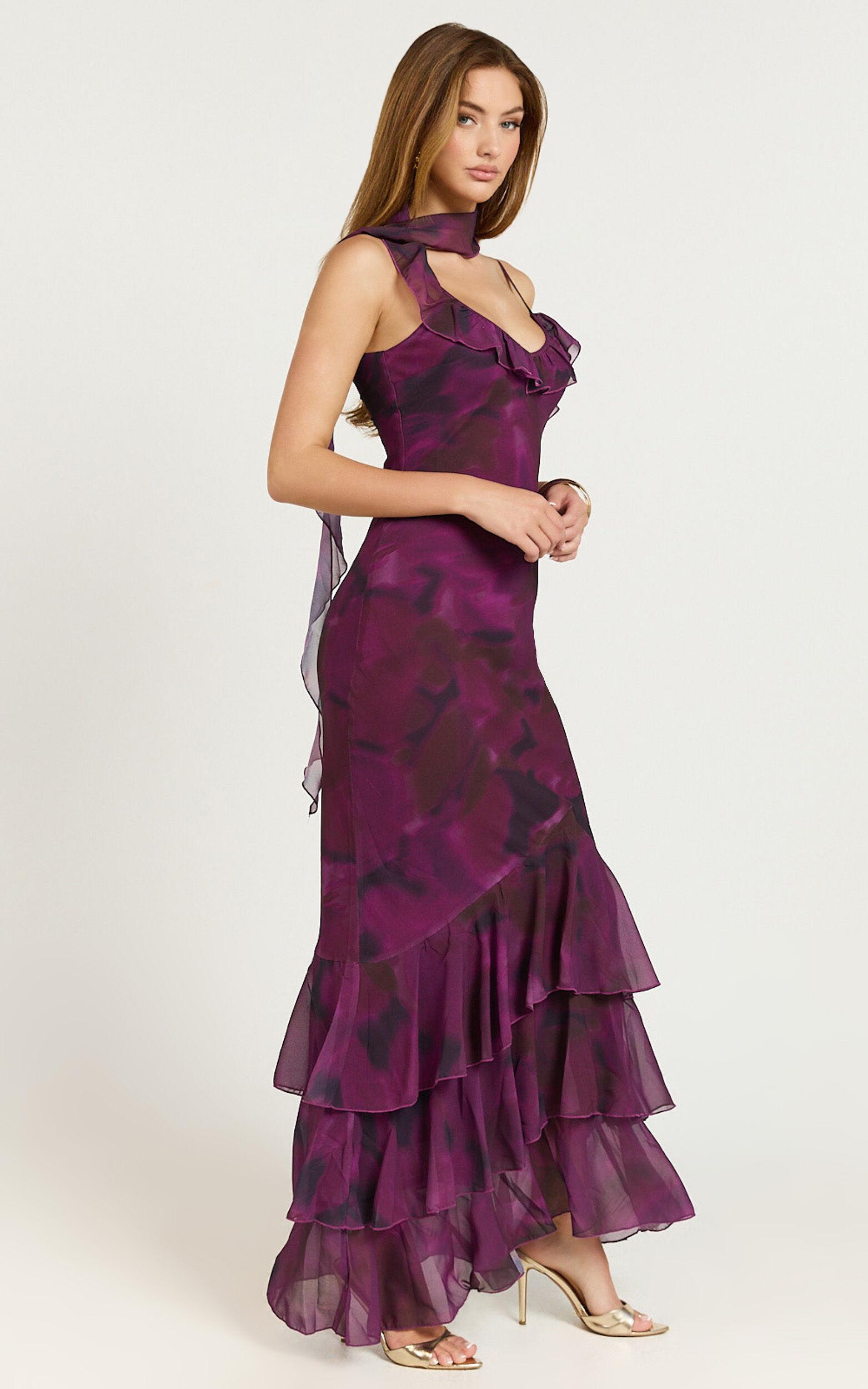 Riley Maxi Dress - Asymmetric Ruffle Detail Maxi Dress in Royal Adeana Product Image