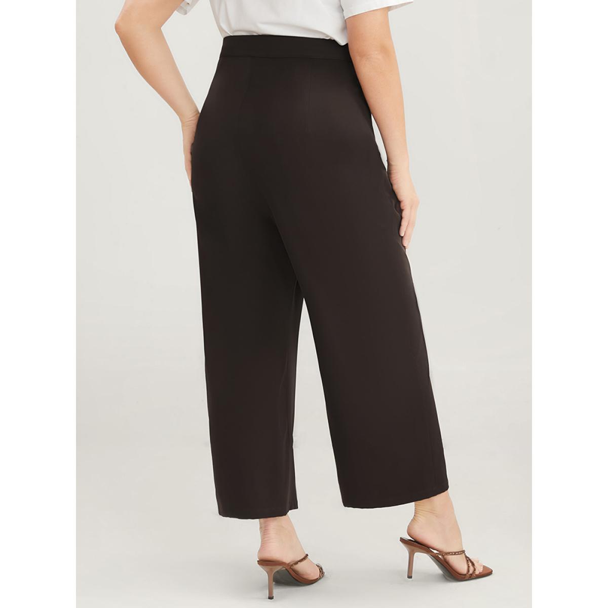 Plus Size Plain Pocket Front Wide Leg High Rise Pants Women DarkBrown Office Wide Leg High Rise Work Pants BloomChic 30/6X Product Image