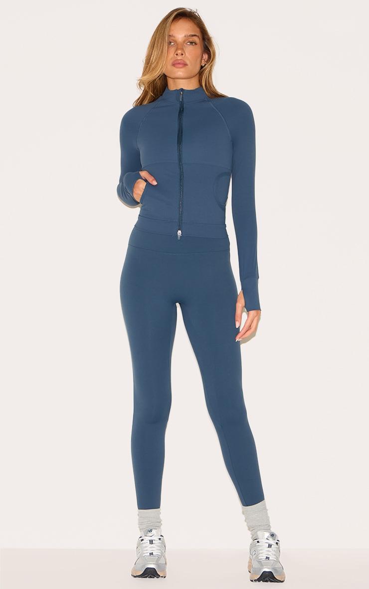 Midnight Blue Sculpt Pocket Front Double Zip Up Jacket Product Image