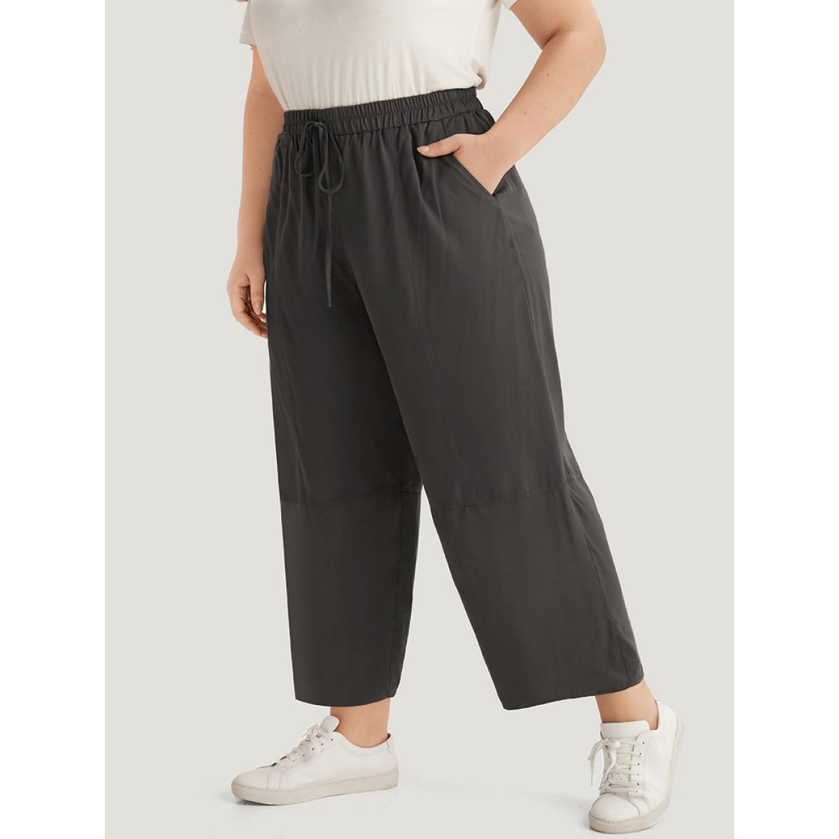 Plus Size Plain Elastic Waist Ties Pocket Pants Women DarkBrown Casual Straight Leg High Rise Dailywear Pants BloomChic 28/5X Product Image