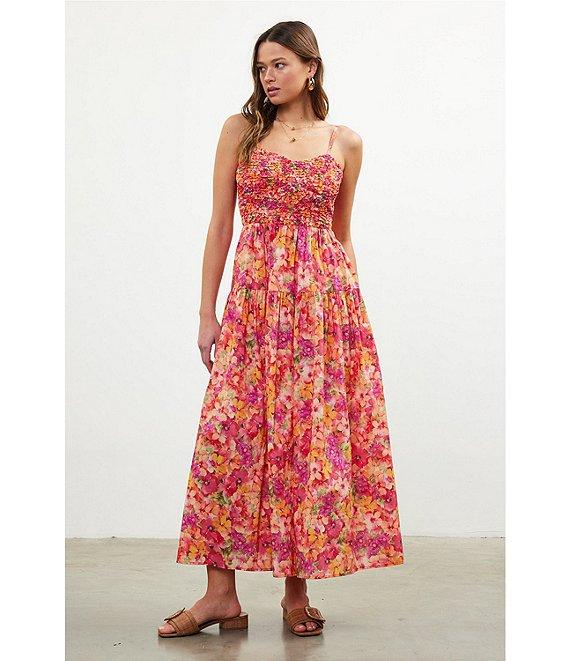 Skies Are Blue Floral Print Sweetheart Neck Sleeveless Smocked Bust Maxi Dress Product Image