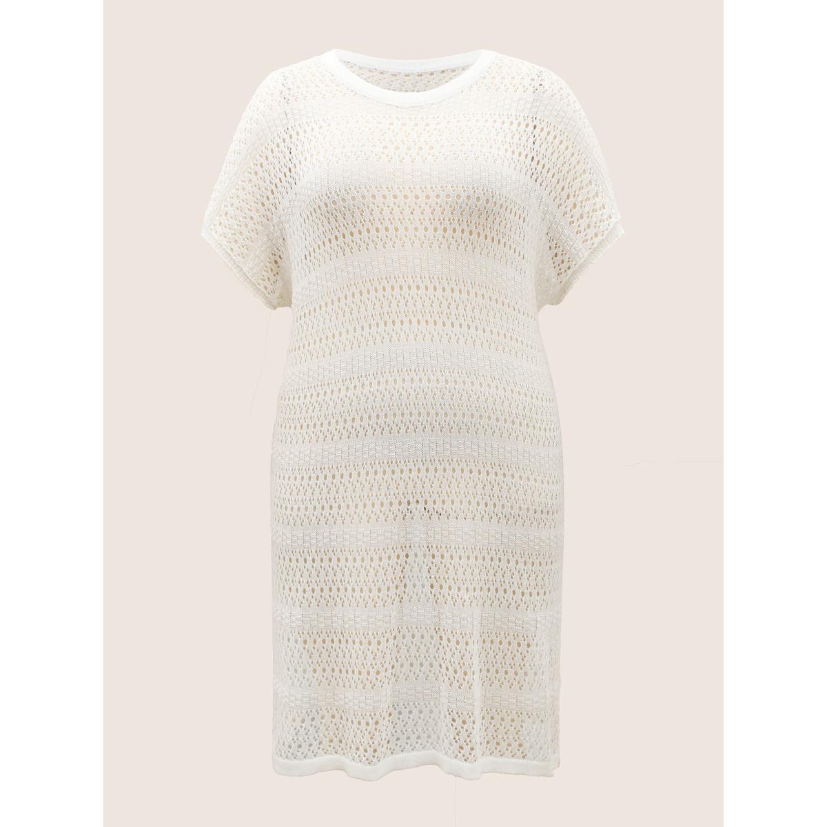 Plus Size Crew Neck Cut Out Dolman Sleeve Swim Cover Up Women's Swimwear Ivory Beach Loose Texture Curve Swim Cover Ups BloomChic 30/6X Product Image