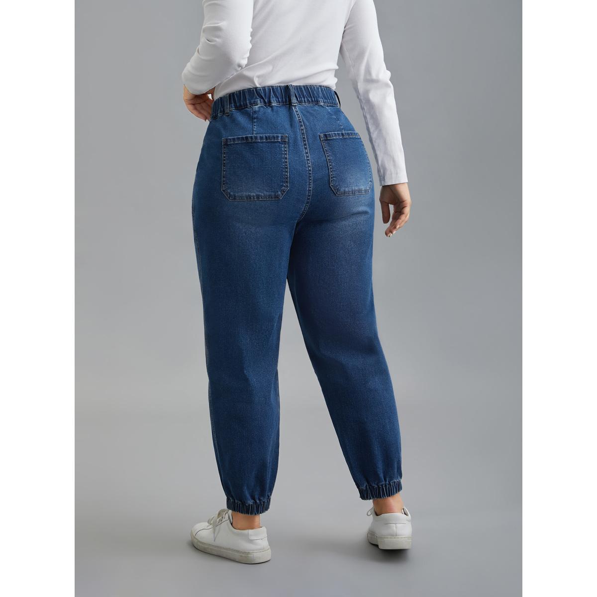 Plus Size Elastic Cuffs Adjustable Waist Straight Jeans Women Midblue Casual Button Medium stretch Slanted pocket Jeans BloomChic 22/3X Product Image