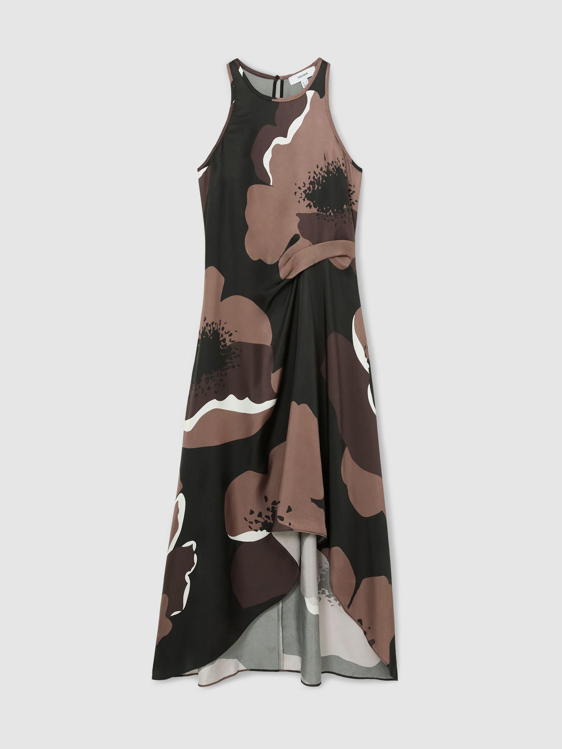 Petite Satin Floral Tuck Midi Dress in Brown Product Image