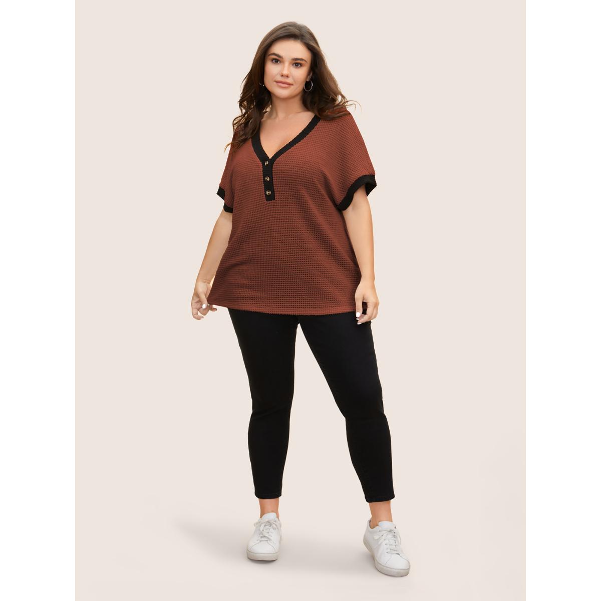 Plus Size V Neck Contrast Button Detail Knit T-shirt Rust Women Casual Texture V-neck Everyday T-shirts BloomChic 22-24/3X Product Image
