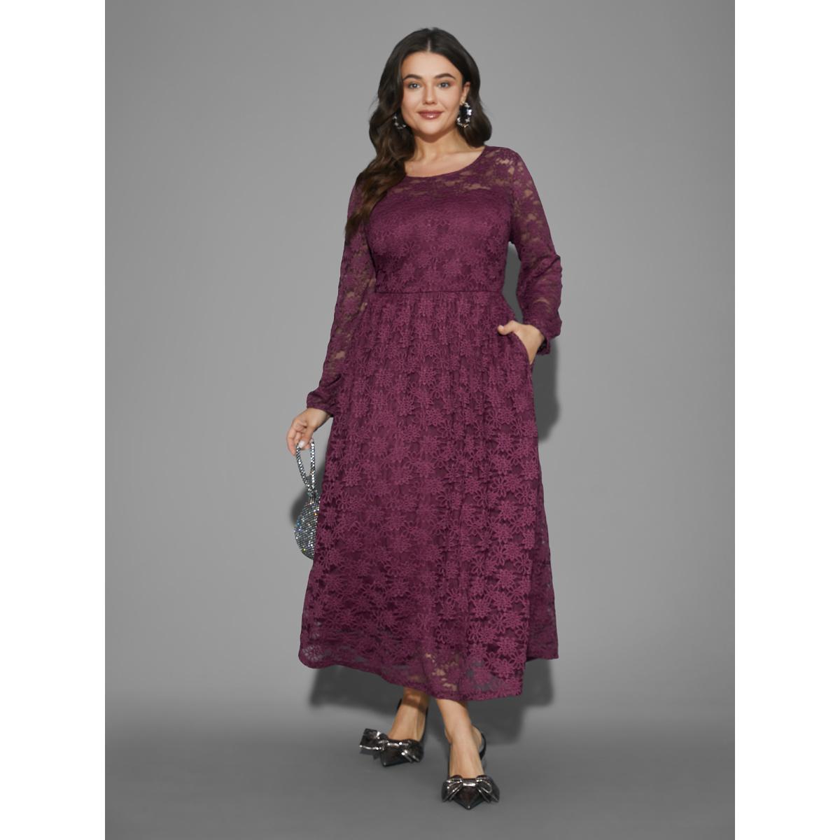 Plus Size Crochet Lace Mesh Pocket Knit Dress Deeppurplered Women Cocktail Woven ribbon&lace trim Knit Dresses Bloomchic 18-20/2X Product Image