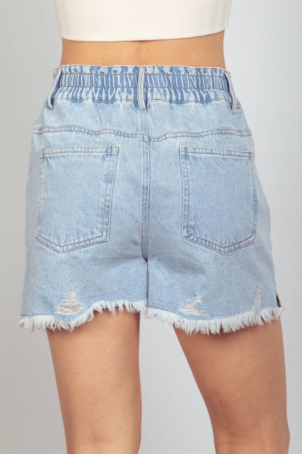 Elastic High Waist Distressed Washed Denim Shorts Product Image