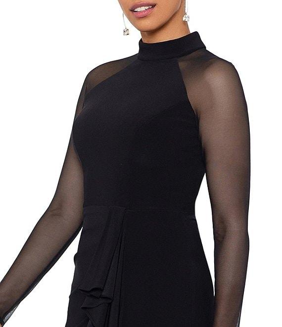 Betsy & Adam Mock Neck Illusion Long Sleeve Ruffled Scuba Crepe Mesh Gown Product Image