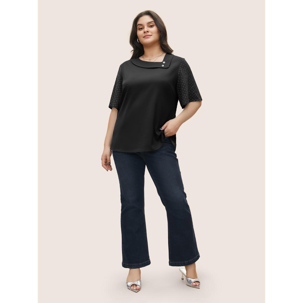 Plus Size Black Patchwork Chiffon Asymmetrical Neck Button Detail Blouse Women At the Office Half Sleeve Asymmetrical Neck Work Blouses BloomChic 30/6X Product Image