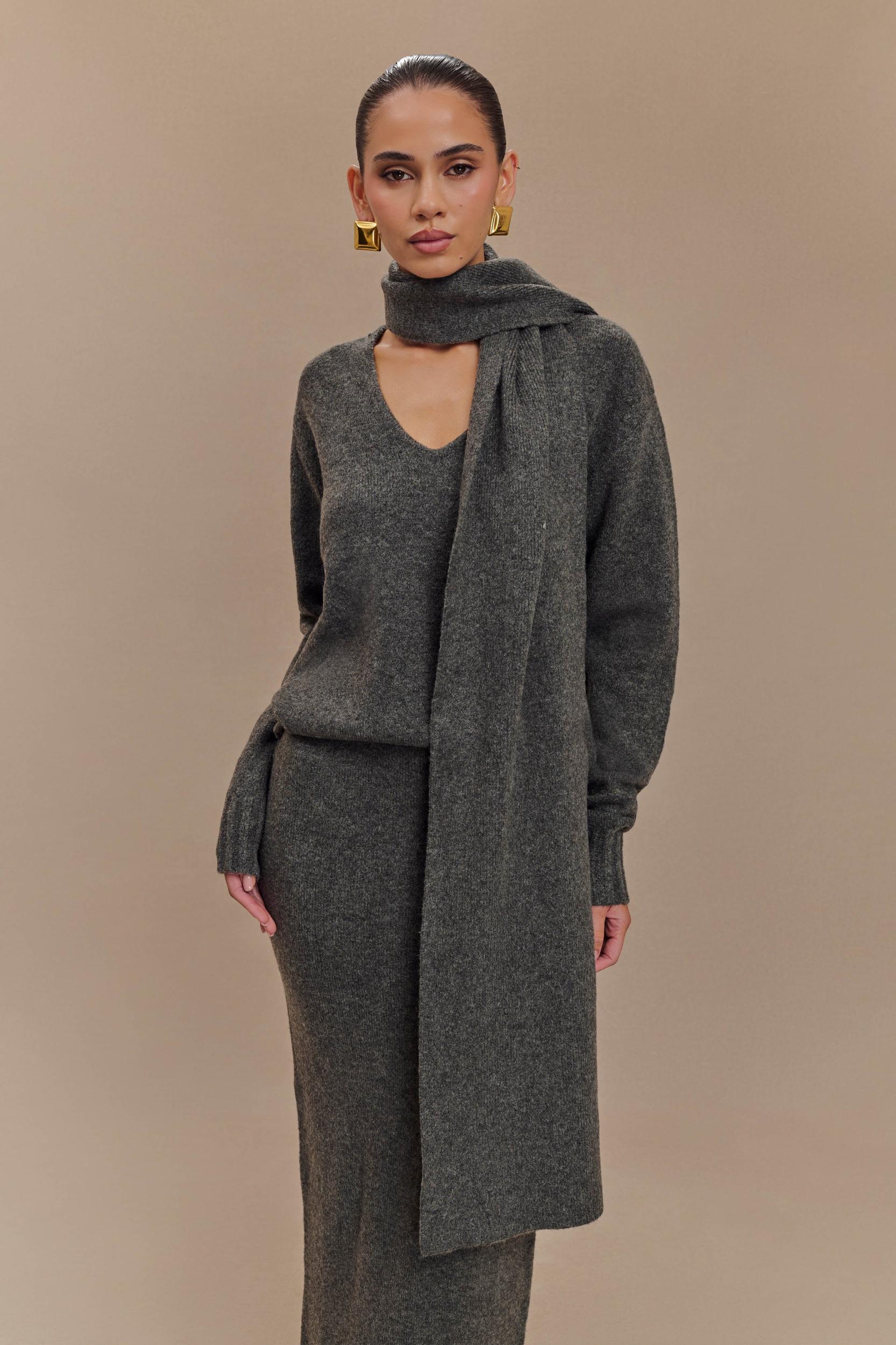 Ella V Neck Knit Jumper With Scarf - Charcoal Marle Product Image