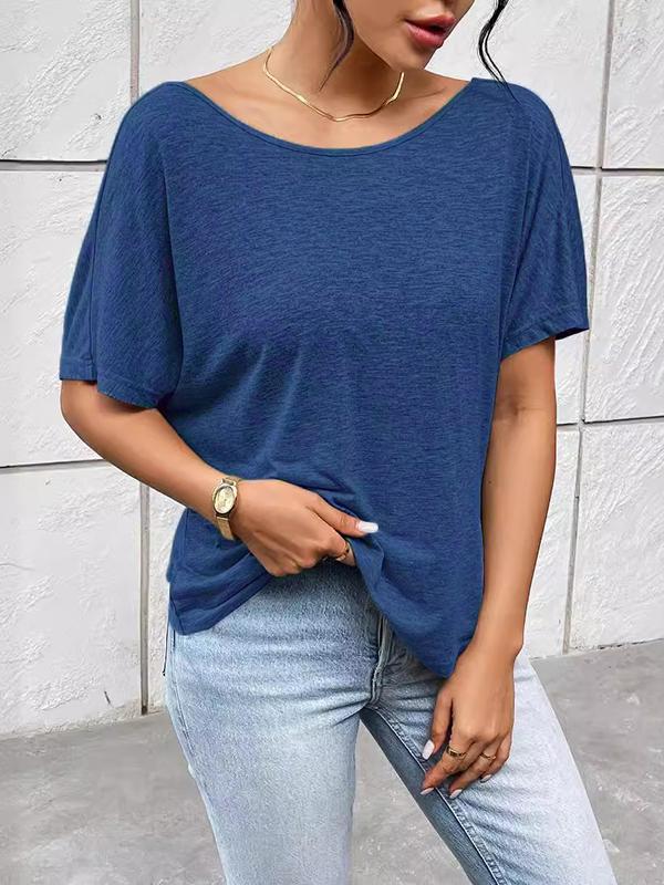 Batwing Sleeves Loose Backless Pleated Solid Color Split-Joint Round-Neck T-Shirts Tops Product Image