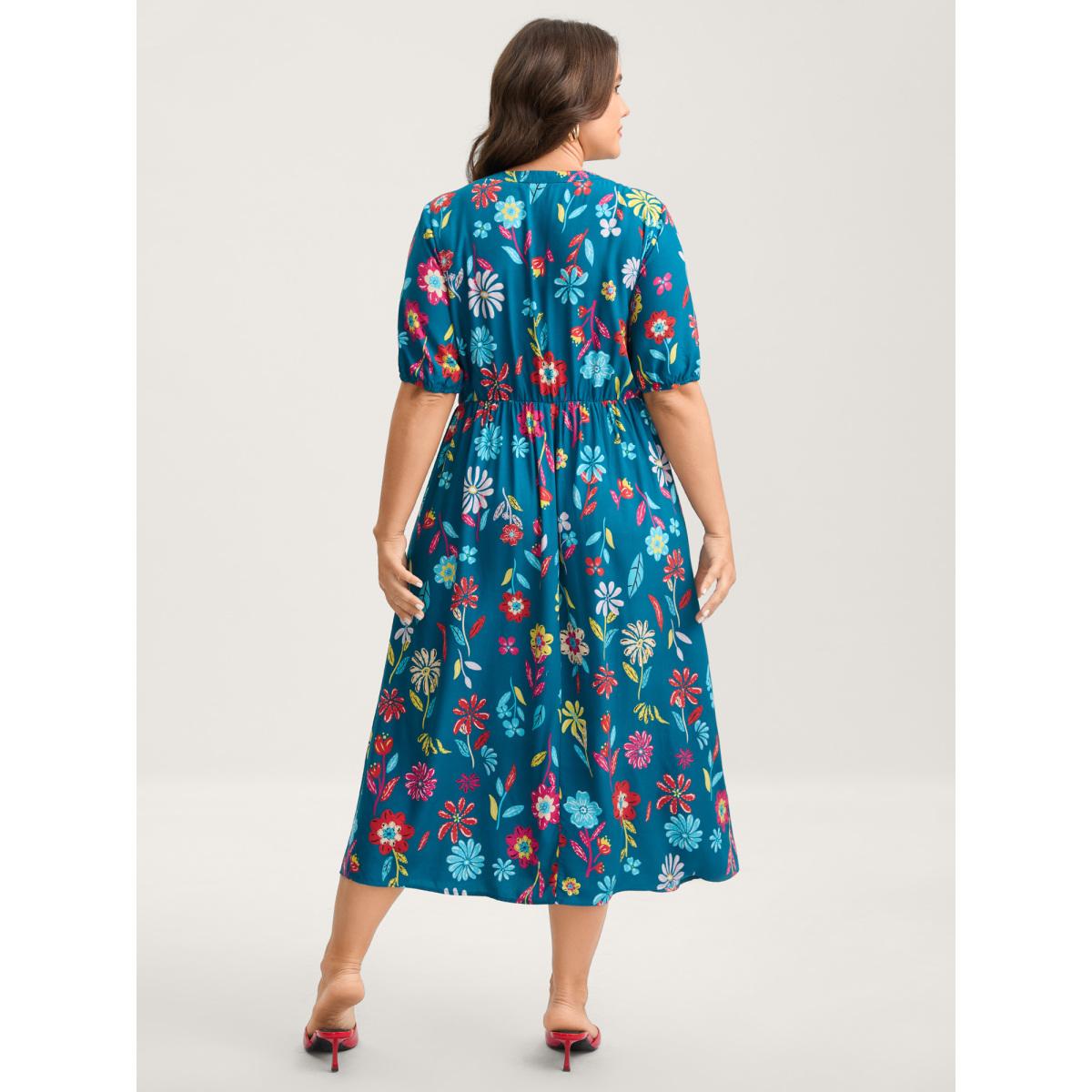 Plus Size Rayon Floral Print Midi Dress DarkBlue Women Notched collar Short sleeve Curvy BloomChic 10/M Product Image