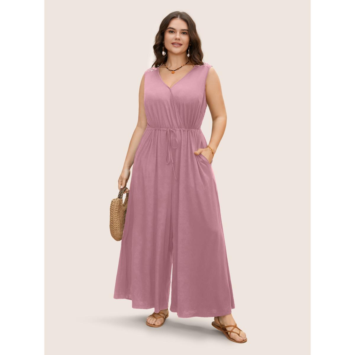 Plus Size DustyPink V Neck Crocheted Cut Out Jumpsuit Women Resort Sleeveless V-neck Vacation Loose Jumpsuits BloomChic 18-20/2X Product Image