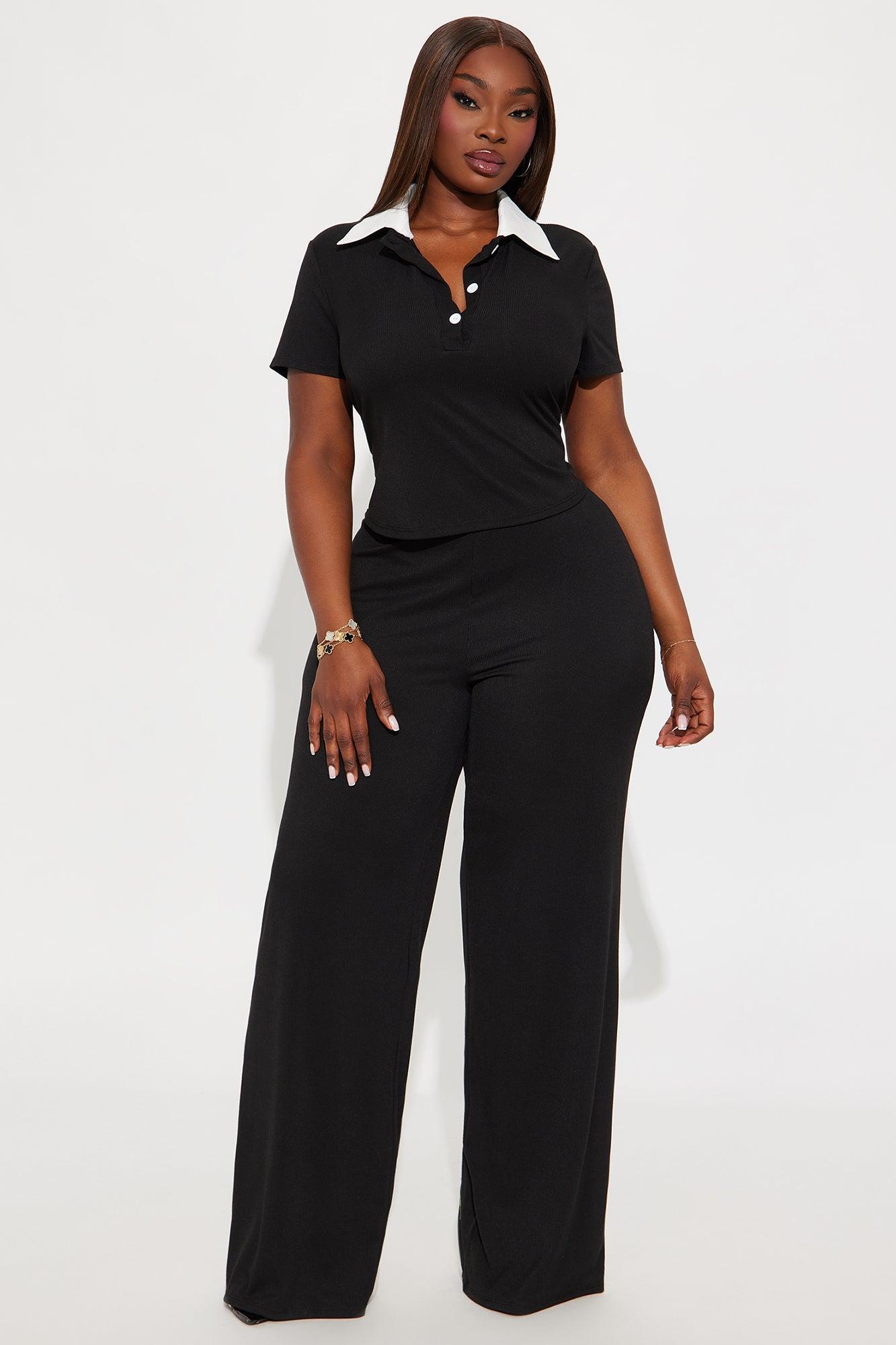By Chance Ribbed Polo Pant Set - Black Female Product Image