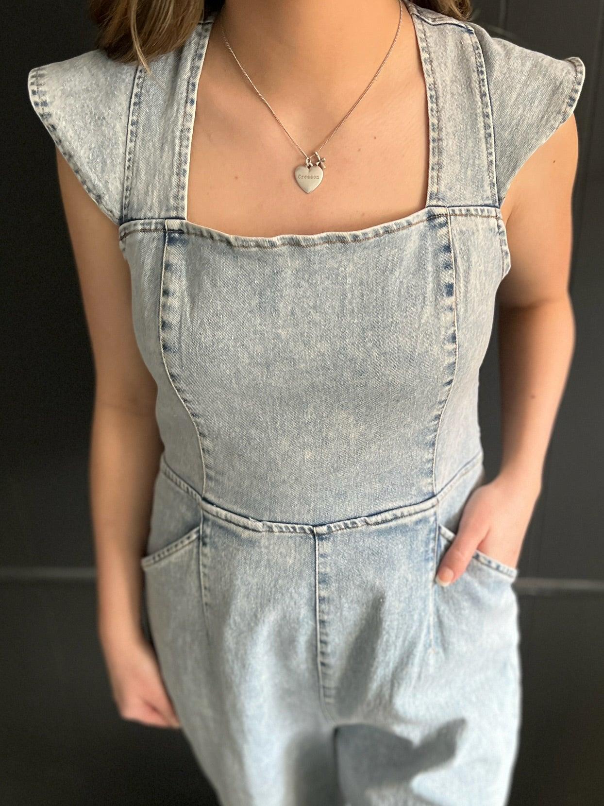 Ruffled Denim Open Smocked Back Jumpsuit Product Image
