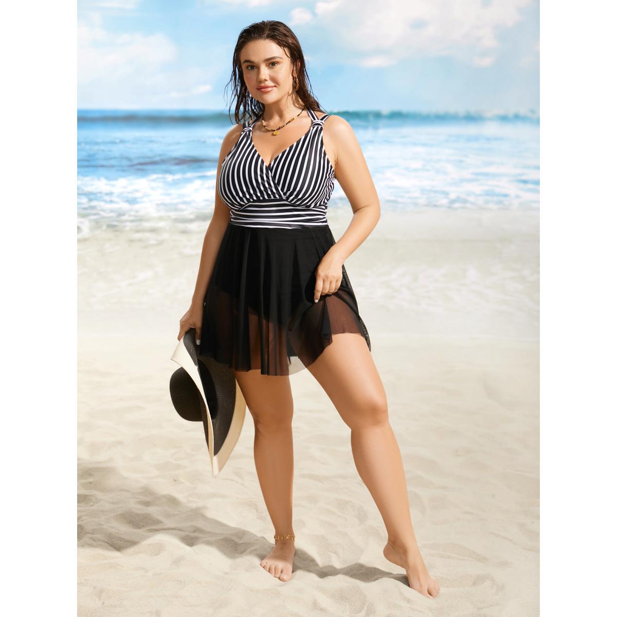 Plus Size Striped Patchwork Mesh Tie Knot Swim Dress Women's Swimwear Black Beach Bodycon Overlap Collar High stretch Curve Swim Dresses BloomChic 30/6X Product Image
