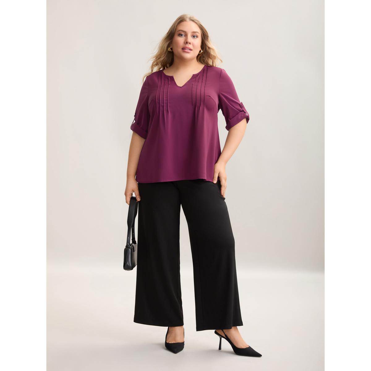 Plus Size Plum Toothpick Pleat Gathered Sleeve Solid Shirt Women At the Office Elbow-length sleeve Notched collar Work Blouses BloomChic 22-24/3X Product Image