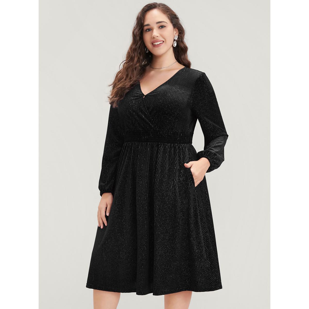 Plus Size Glitter Lantern Sleeve Surplice Neck Shirred Dress Black Women Party Plain V-neck Long Sleeve Curvy Knee Dress BloomChic 28/5X Product Image