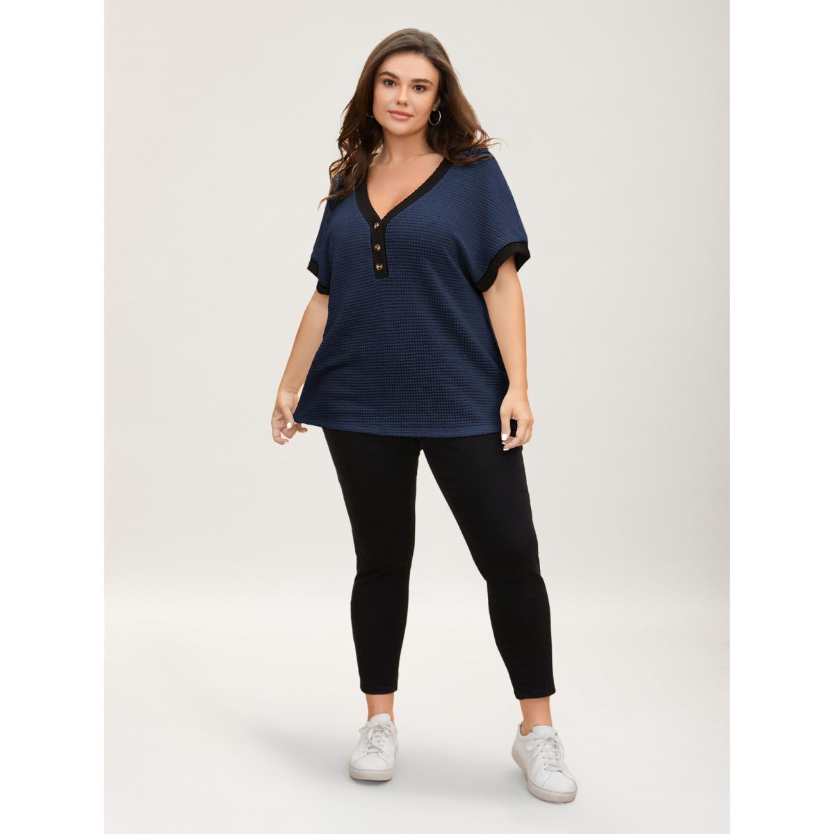 Plus Size V Neck Contrast Button Detail Knit T-shirt Indigo Women Casual Texture V-neck Everyday T-shirts BloomChic 30/6X Product Image