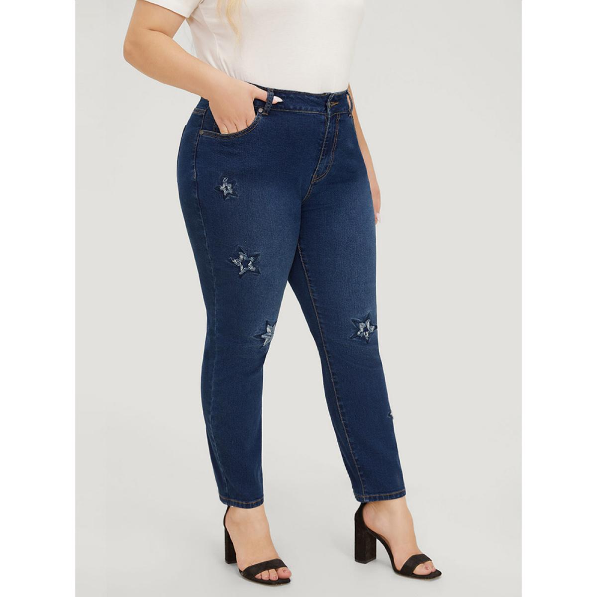 Plus Size Very Stretchy High Rise Medium Wash Star Embroidery Jeans Women Blue Casual Star and moon Embroidered High stretch Jeans BloomChic 12/L Product Image