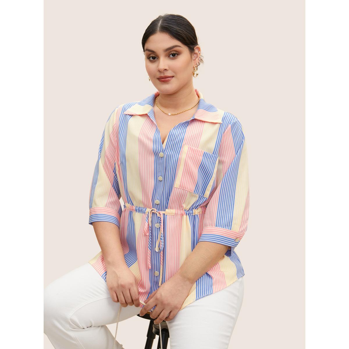 Plus Size Multicolor Contrast Striped Drawstring Patched Pocket Blouse Women Casual Elbow-length sleeve Shirt collar Everyday Blouses BloomChic 12/L Product Image