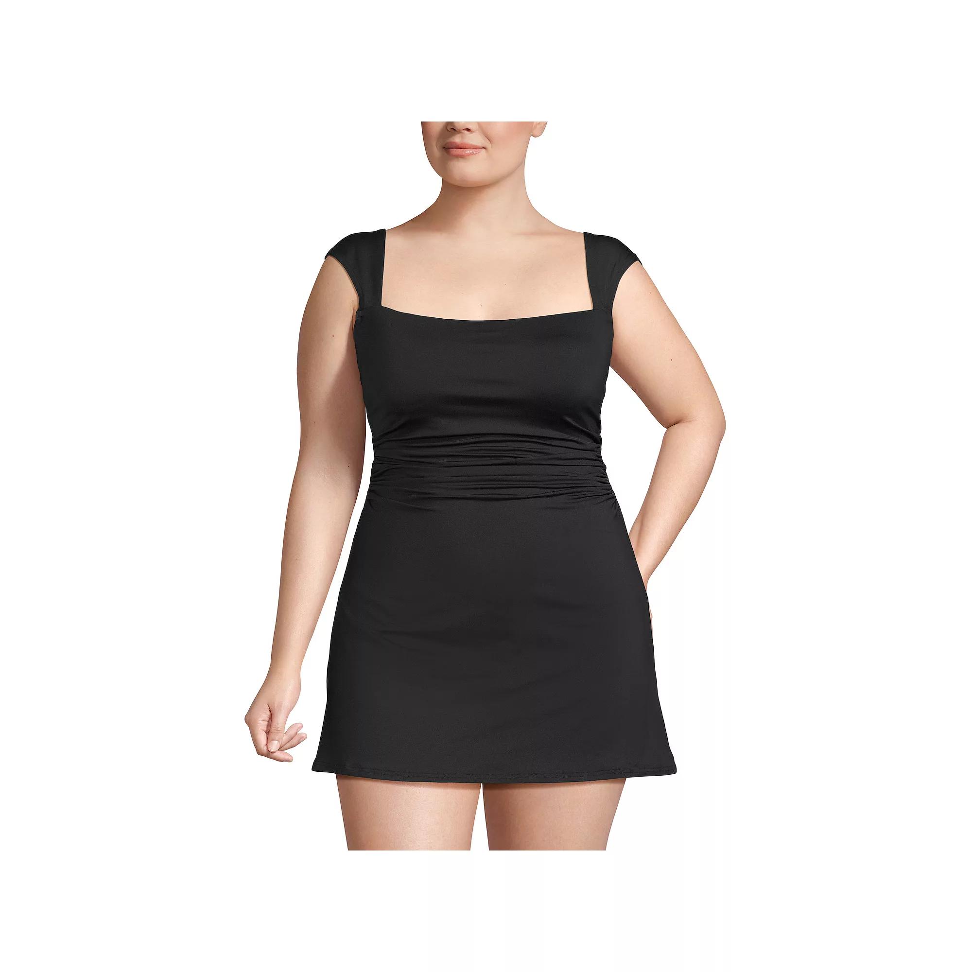 Plus Size Lands' End Smoothing Square Neck Ruched Swim Dress Swimsuit, Women's, Size: 20 W, Black Product Image