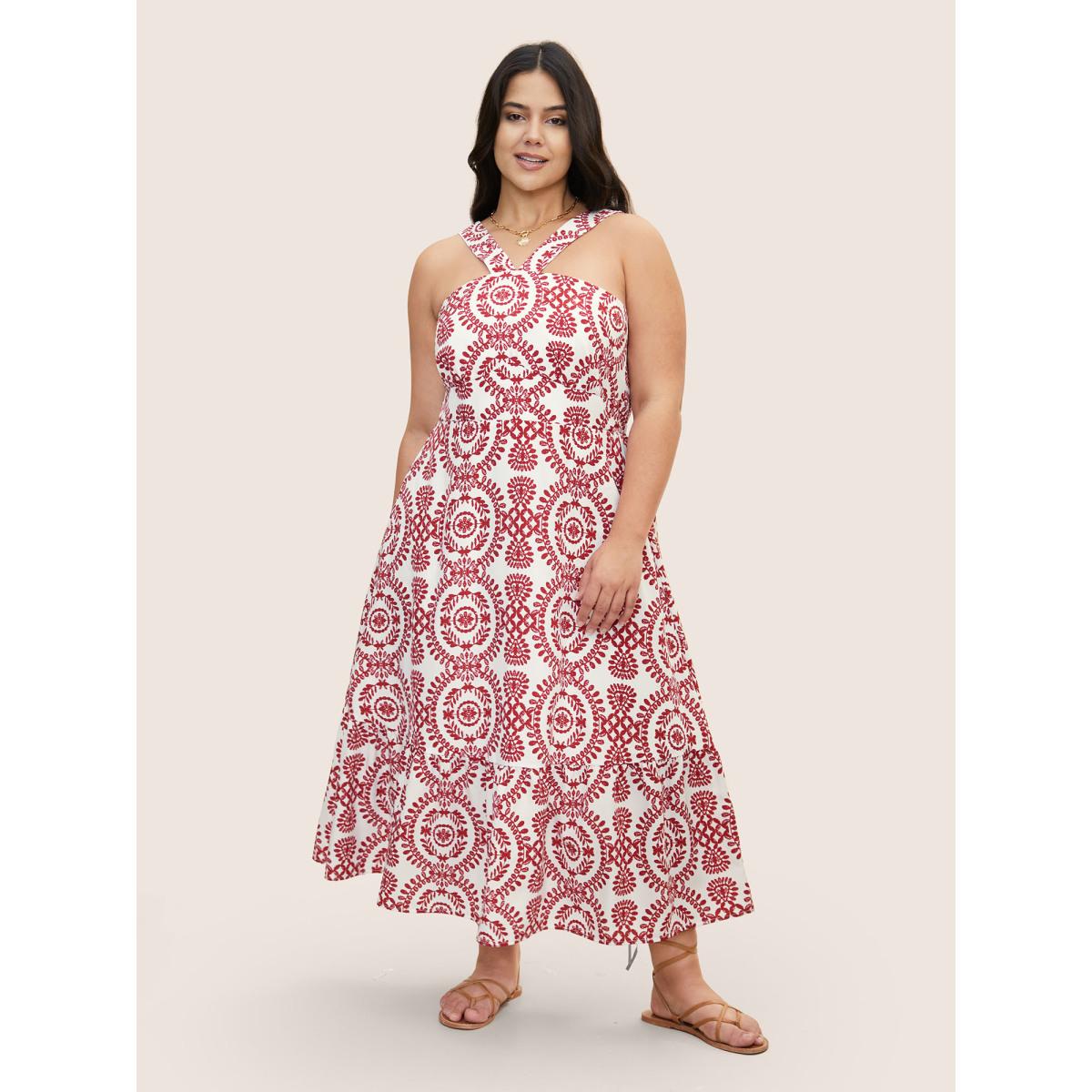 Plus Size Bandana Print Shirred Sleeveless Maxi Dress Scarlet Women Resort Non Sleeveless Curvy BloomChic 26/4X Product Image