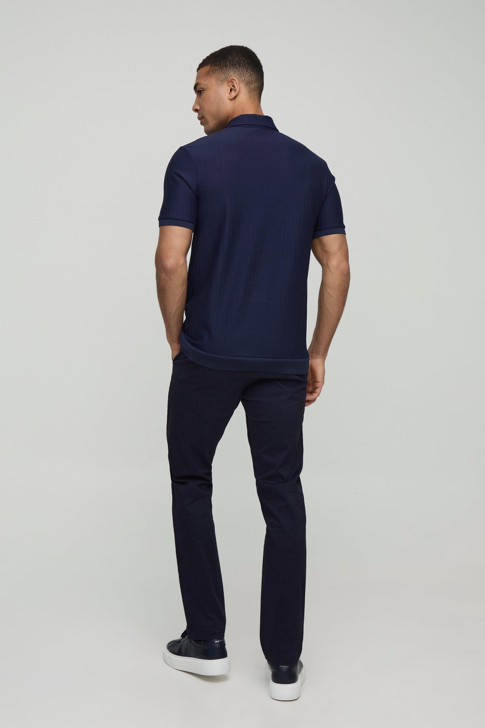 Slim Fit Zip Collar Textured Stripe Short Sleeve Polo | boohooMAN USA Product Image