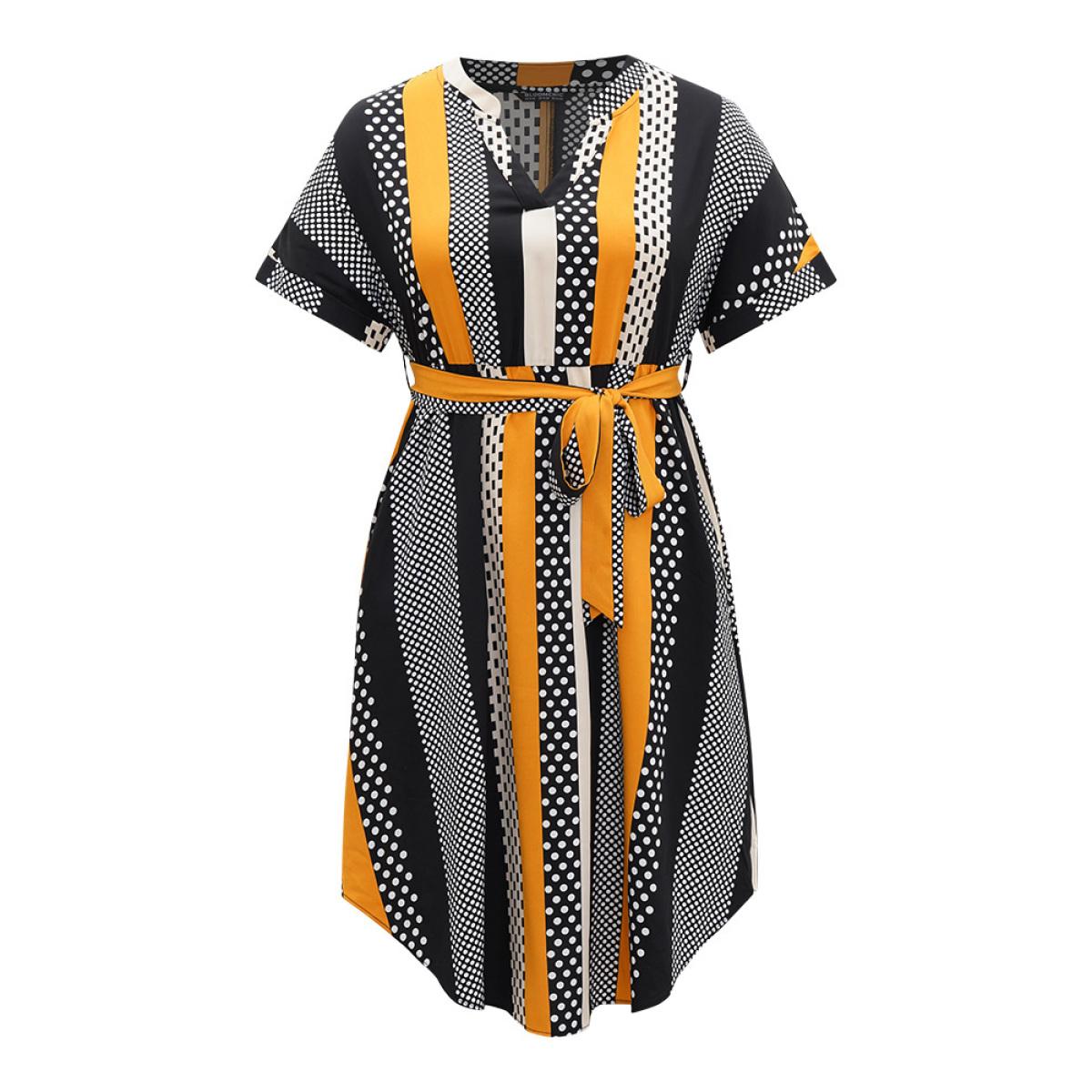 Plus Size Polka Dot Patchwork Striped Belted Notched Dress Orange Women Office Contrast Notched collar Short sleeve Curvy Midi Dress BloomChic 18-20/2X Product Image