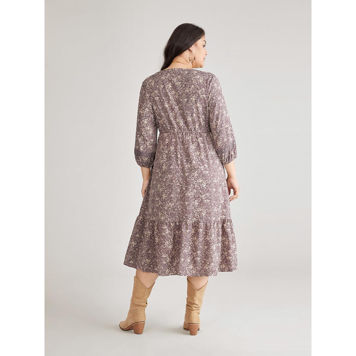 Plus Size Ditsy Floral Layered Flutter Hem Lace Insert Dress Mauve Women Vacation Elastic cuffs V-neck Elbow-length sleeve Curvy Midi Dress BloomChic 10/M Product Image