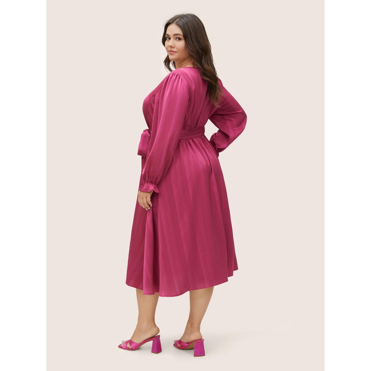 Plus Size Striped Elastic Waist Wrap Belted Gathered Dress RedViolet Women Elegant Non Overlap Collar Long Sleeve Curvy Midi Dress BloomChic 12/L Product Image