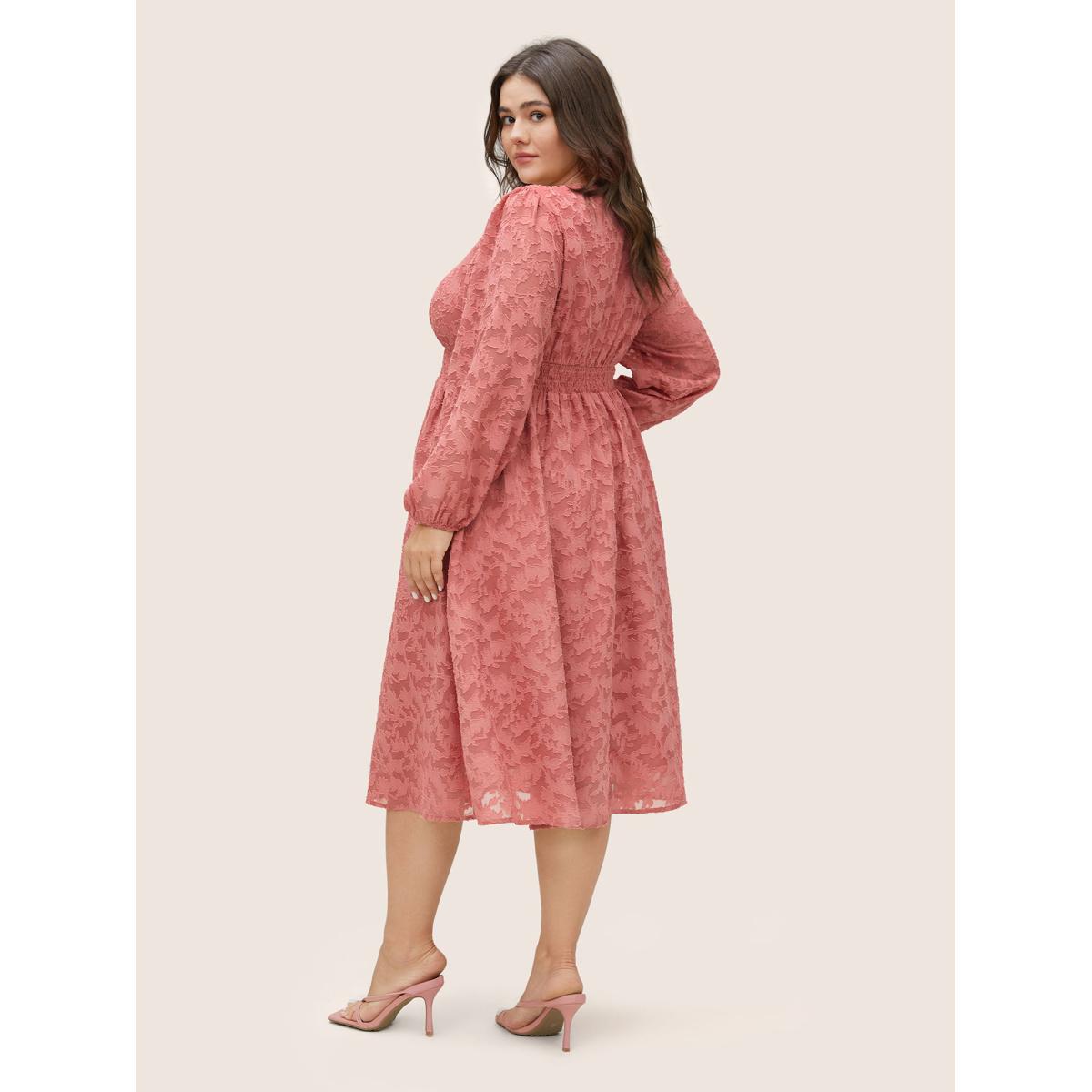Plus Size Jacquard Texture Shirred Elastic Waist Dress Watermelon Women Elegant Elastic cuffs V-neck Long Sleeve Curvy Midi Dress BloomChic 30/6X Product Image