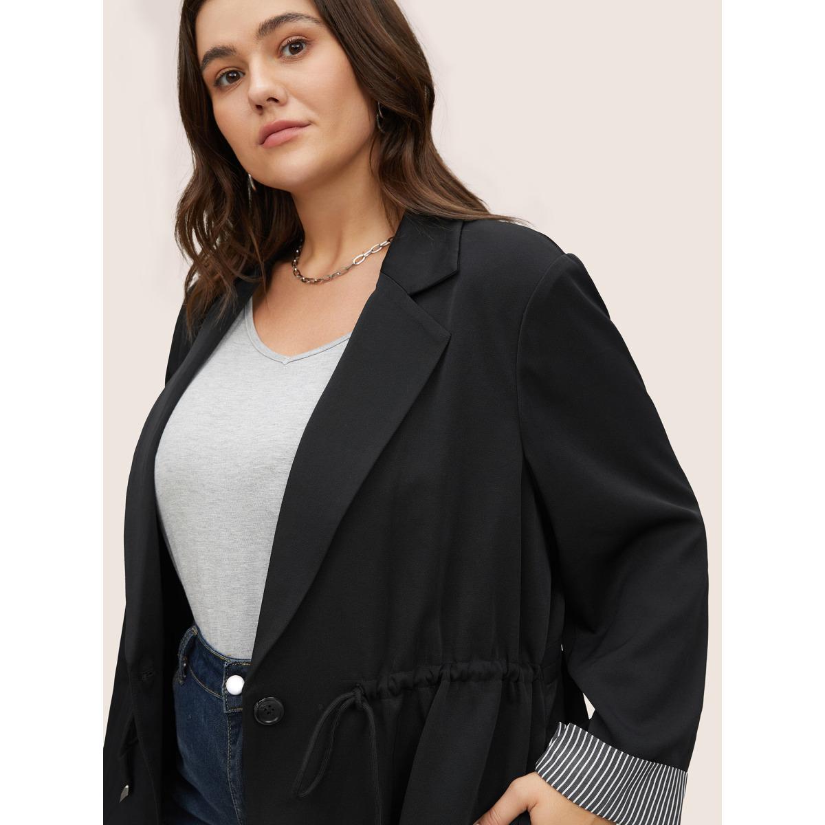 Plus Size Striped Patchwork Drawstring Suit Collar Blazer Black Women Office Striped Non Sleeve Long Sleeve Suit Collar 10/M Slanted pocket At the Office Blazers BloomChic Product Image