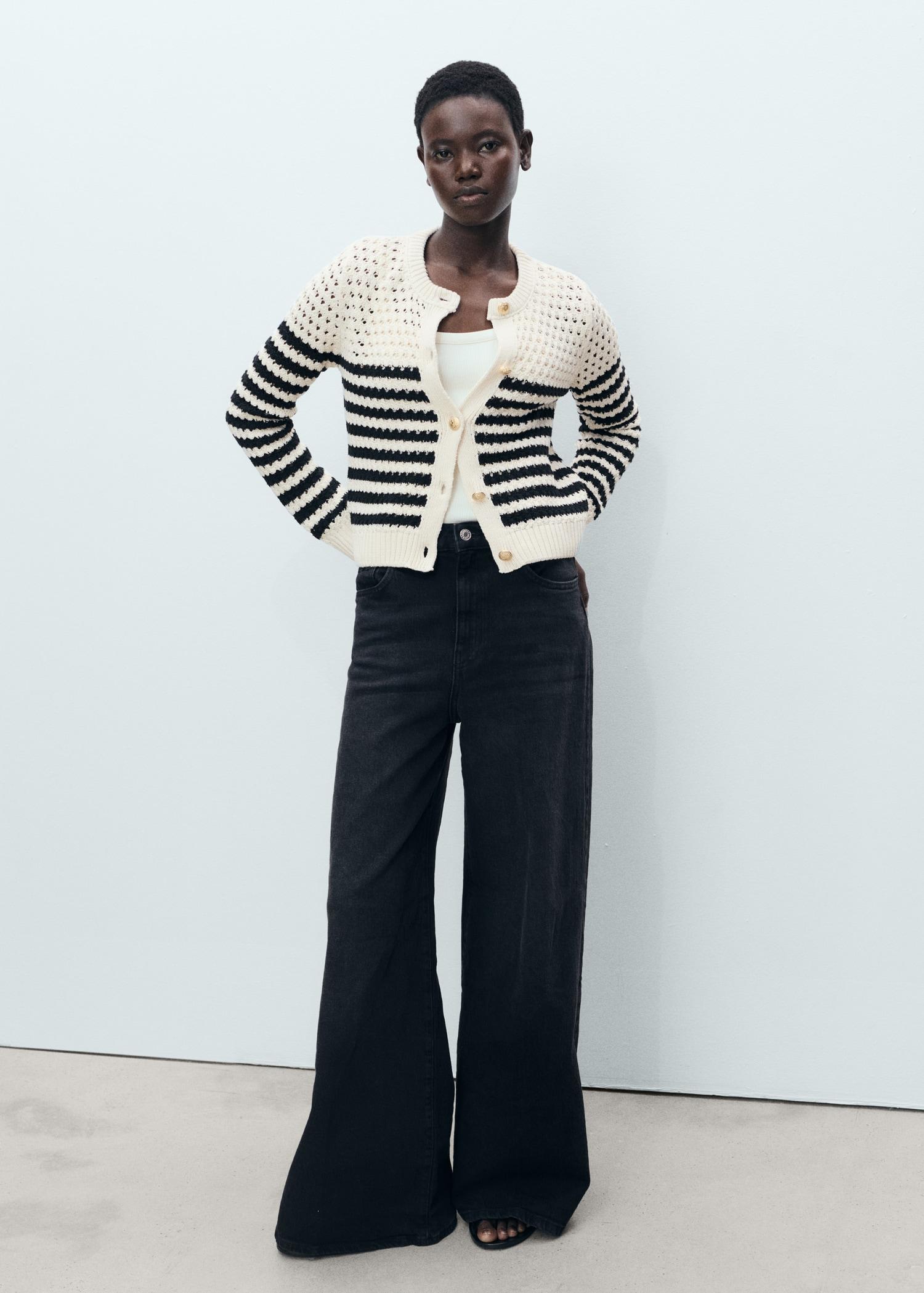 Striped openwork knitted cardigan - Women | MANGO USA Product Image