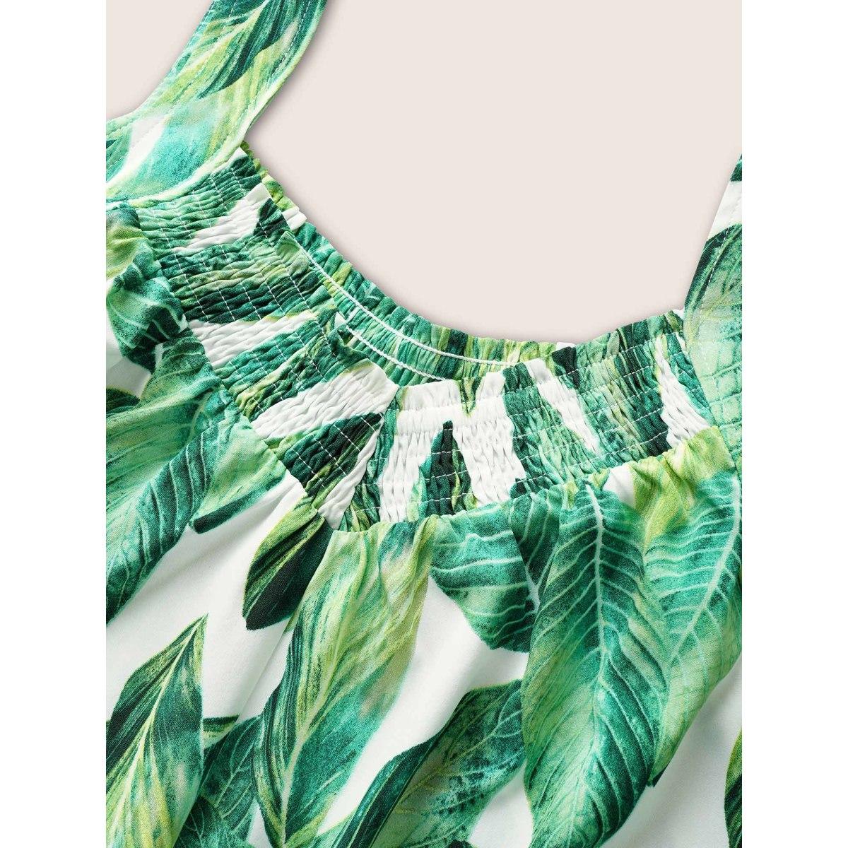 Plus Size Green Tropical Print Shirred Side Seam Pocket Jumpsuit Women Resort Sleeveless Non Vacation Loose Jumpsuits BloomChic 30/6X Product Image