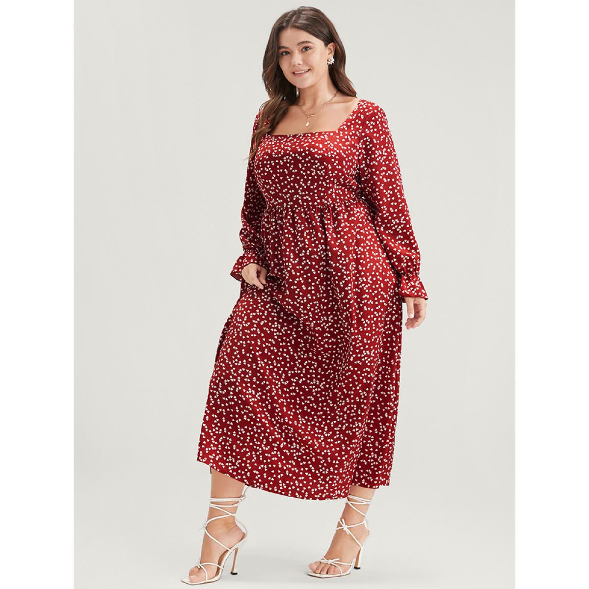 Plus Size Heart Print Lantern Sleeve Pocket Square Neck Dress Scarlet Women Elegant Pocket Square Neck Long Sleeve Curvy Midi Dress BloomChic 26/4X Product Image