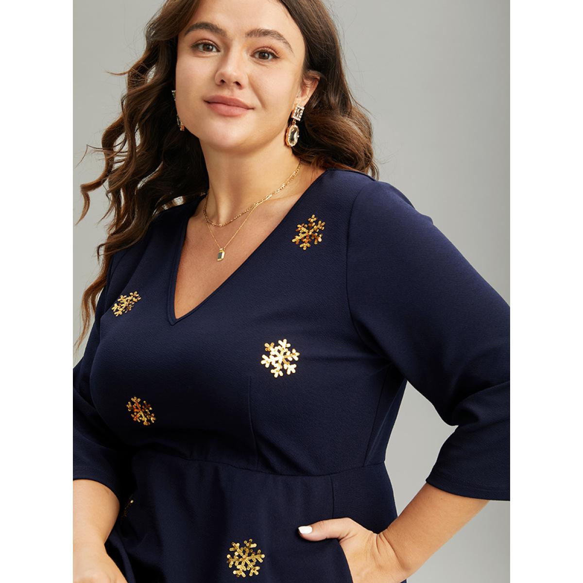 Plus Size Snowflake Sequin Embroidered Pocket Dress Midnight Women Party Sequin V-neck Elbow-length sleeve Curvy Midi Dress BloomChic 12/L Product Image