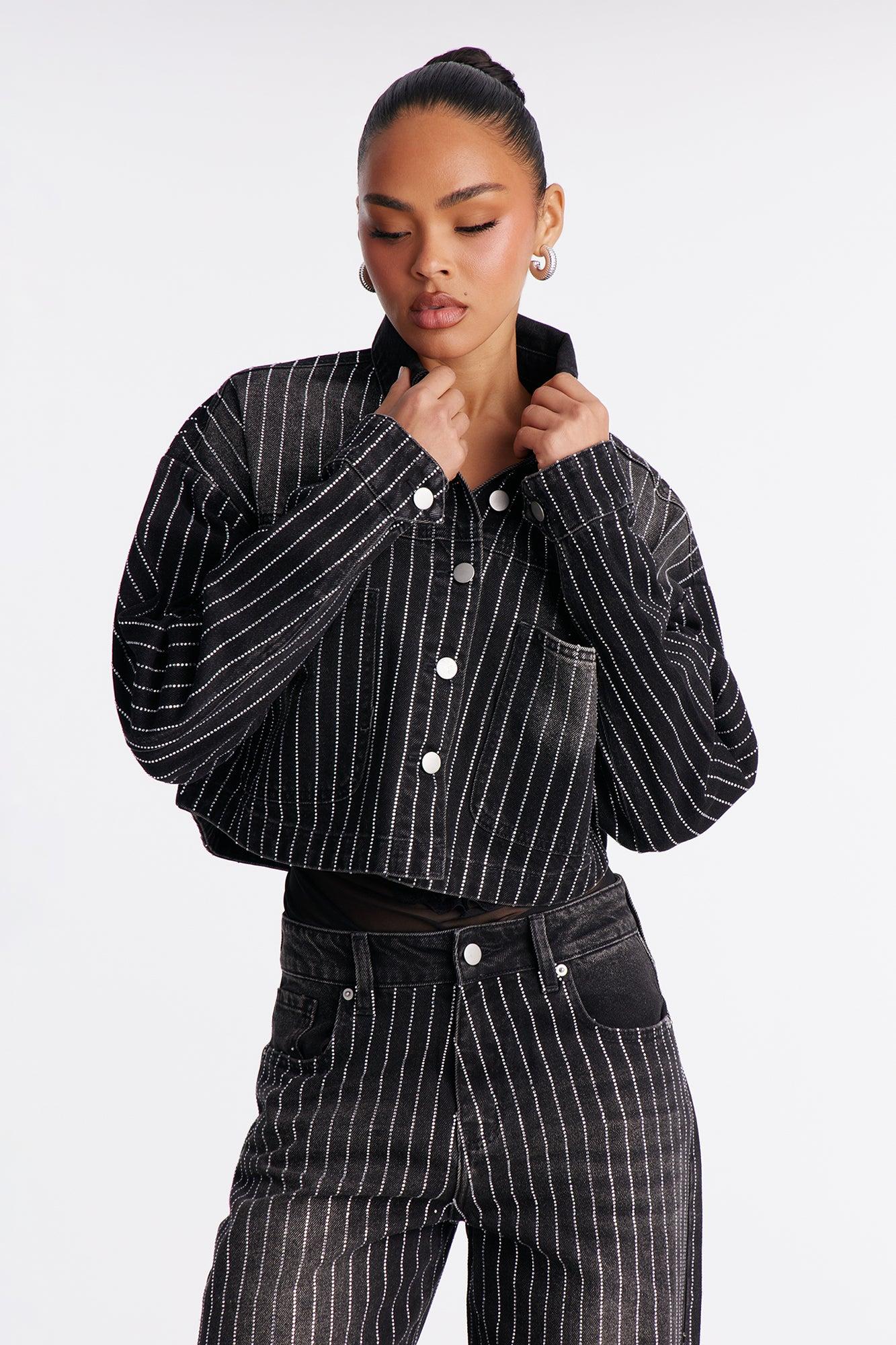 Keep The Bling Embellished Denim Shacket - Black Wash Female Product Image