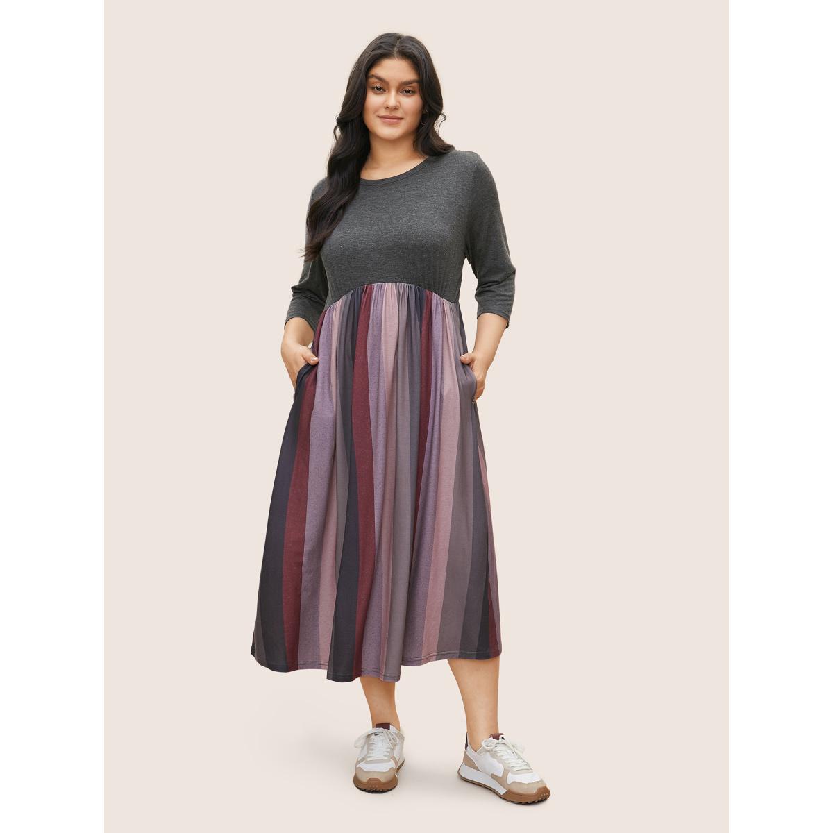 Plus Size Solid Patchwork Pocket Striped Flutter Hem Dress Burgundy Women Leisure Non Round Neck Elbow-length sleeve Curvy Midi Dress BloomChic 18-20/2X Product Image
