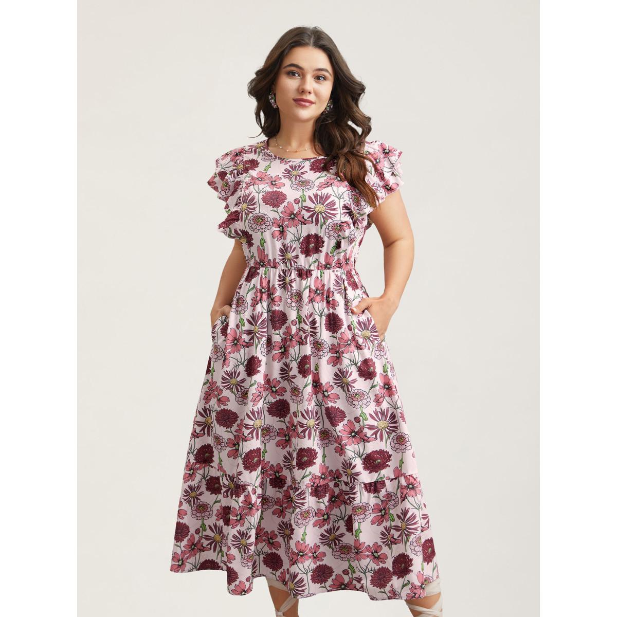 Plus Size Ruffled Floral Print Stretchy-Waist Midi Dress Multicolor Women Romantic Ruffles Round Neck Cap Sleeve Curvy BloomChic 22-24/3X Product Image