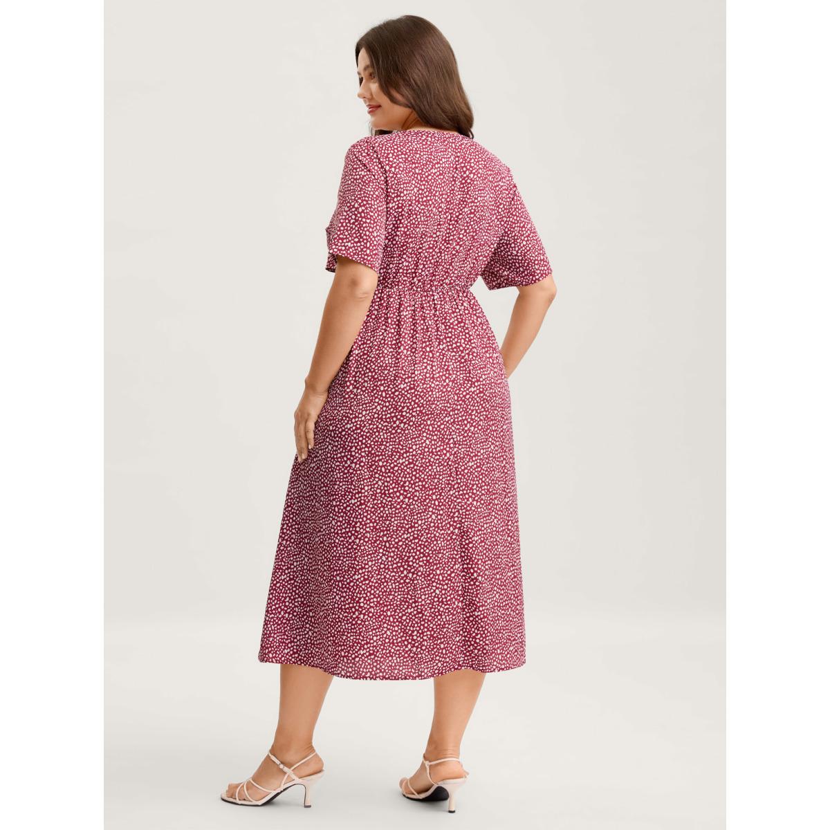 Plus Size Polka Dots Button Front Midi Dress Crimson Women Timeless Button V-neck Short sleeve Curvy BloomChic 26/4X Product Image