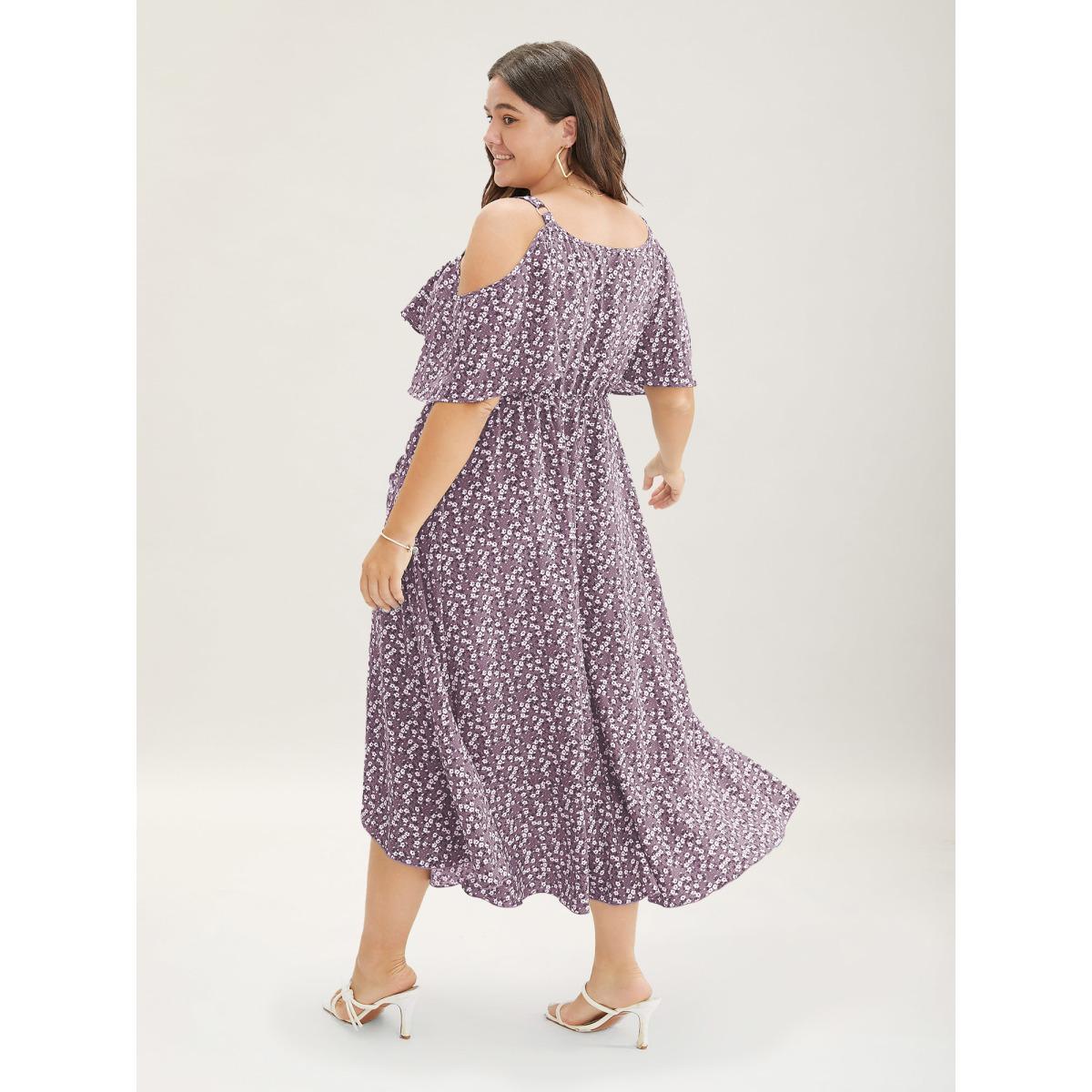 Plus Size Ditsy Floral Pocket Wrap Cold Shoulder Ruffle Dress Mauve Women Romantic Non Overlap Collar Short sleeve Curvy Midi Dress BloomChic 30/6X Product Image
