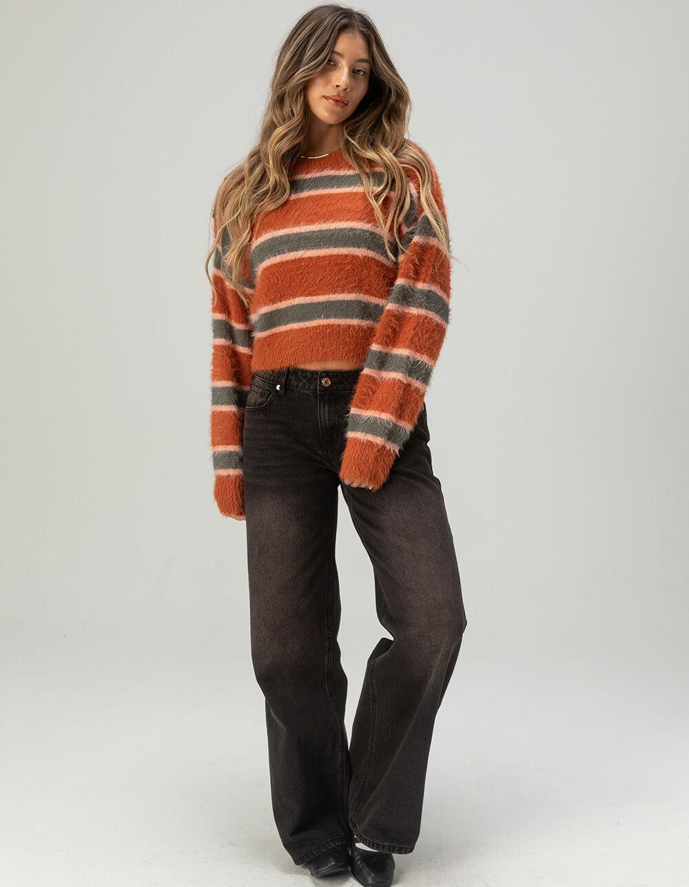 FULL TILT Fuzzy Striped Womens Sweater - RUST Product Image